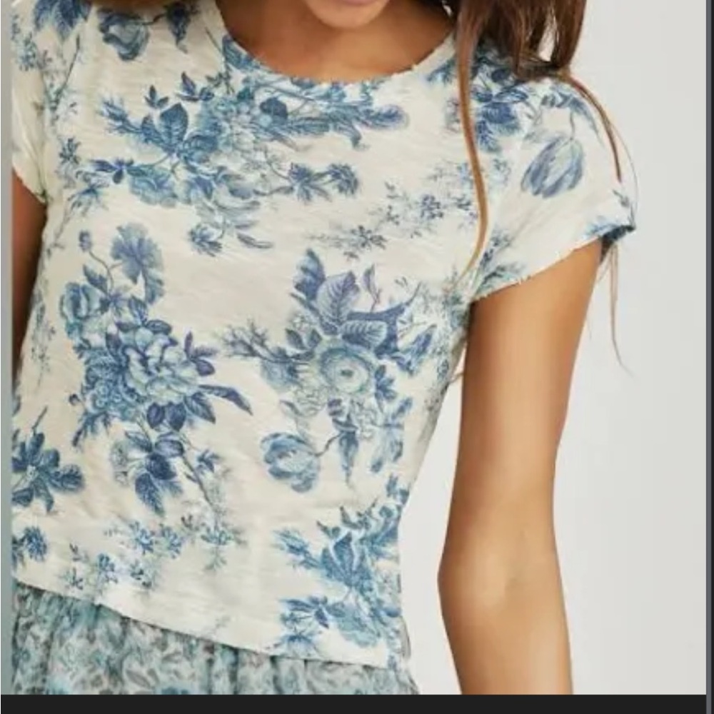 LoveShackFancy Blue Floral Short Sleeve Top
